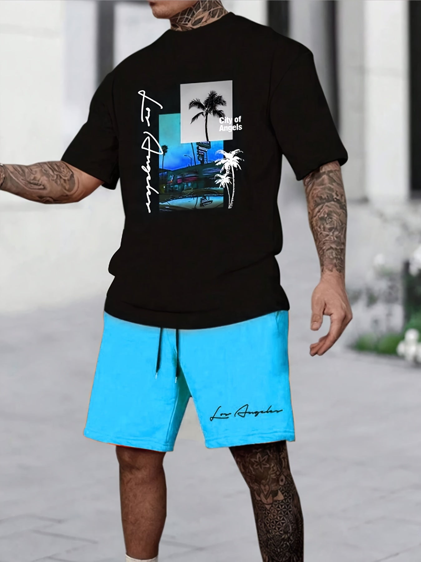 Men's Coconut Trees Print T-shirt & Shorts Set For Outdoor Sports, Daily Casual 2Pcs Outfits