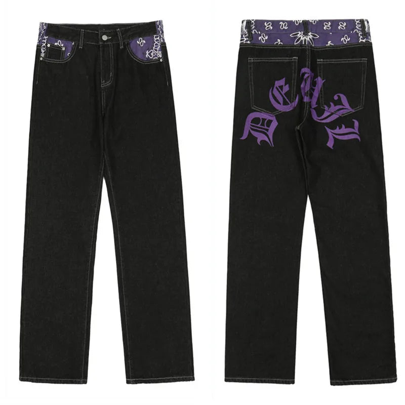 Men's Y2k Jeans Cashew Flowers Purple Streetwear Casual Pants Punk Hip Hop Letter Print Baggy Harajuku Straight Denim Trousers