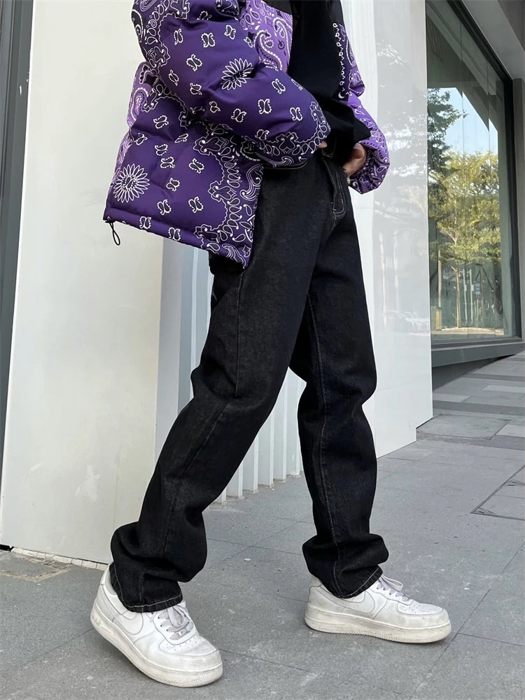 Men's Y2k Jeans Cashew Flowers Purple Streetwear Casual Pants Punk Hip Hop Letter Print Baggy Harajuku Straight Denim Trousers