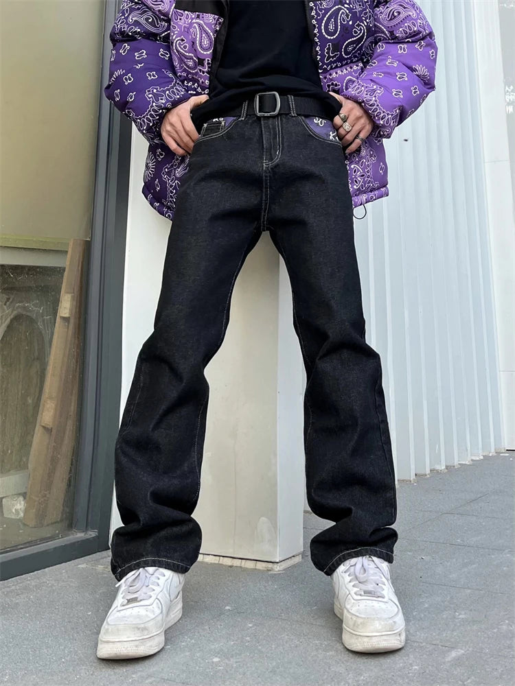 Men's Y2k Jeans Cashew Flowers Purple Streetwear Casual Pants Punk Hip Hop Letter Print Baggy Harajuku Straight Denim Trousers